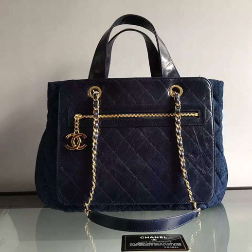 2017 Chanel Shoulder Tote Bag Original Iridescent Leather and denim A98150 Blue