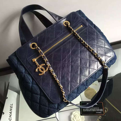 2017 Chanel Shoulder Tote Bag Original Iridescent Leather and denim A98150 Blue