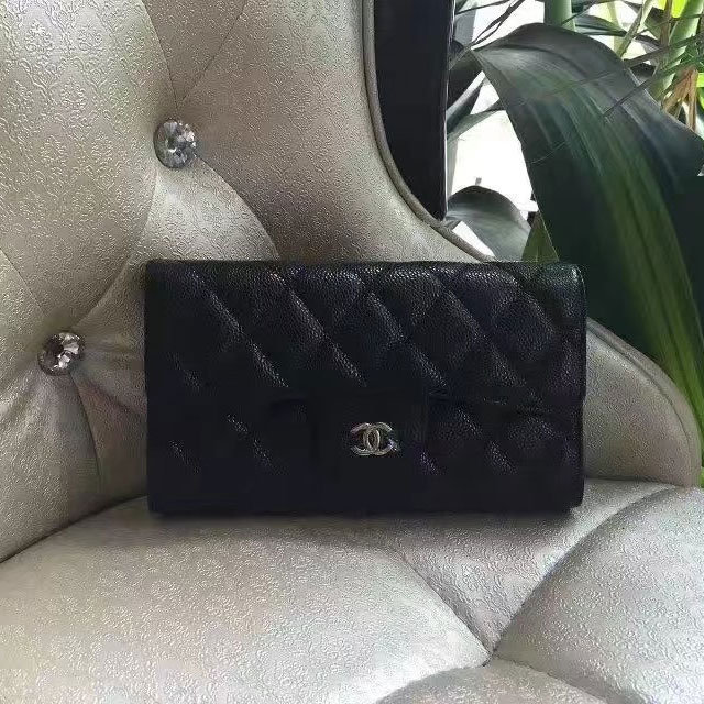 2017 Chanel Tri-Fold Wallet Black Original Caviar leather A31506 Silver