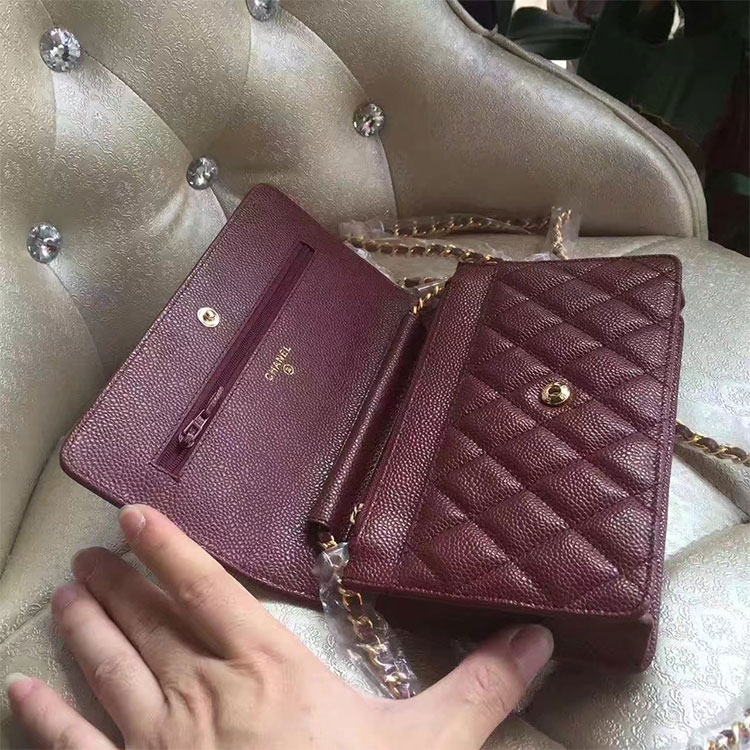 2017 Chanel WOC A33814 Burgundy Original Caviar Leather Mini Flap Bag Gold