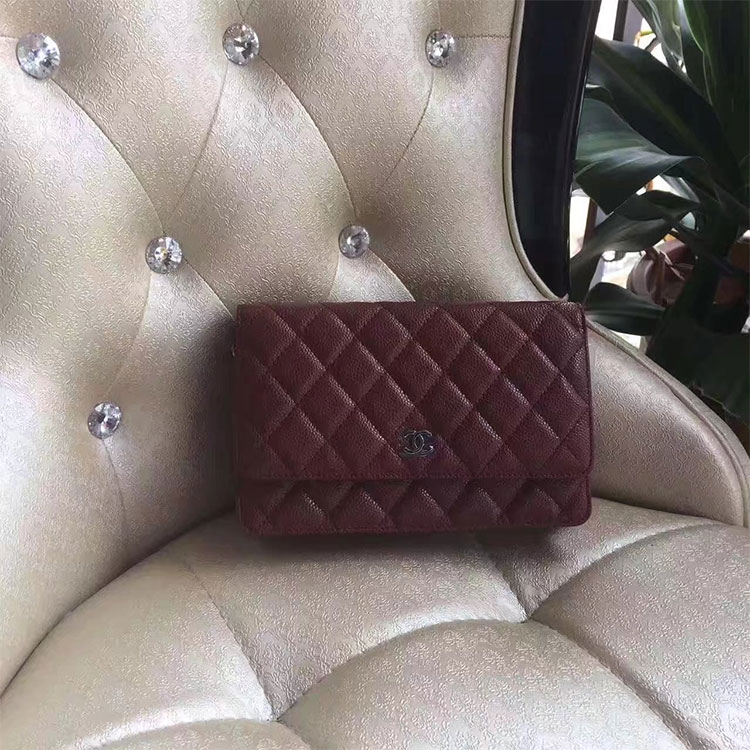 2017 Chanel WOC A33814 Burgundy Original Caviar Leather Mini Flap Bag Silver