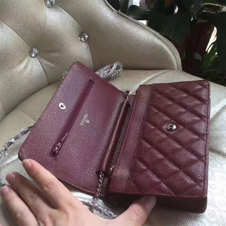 2017 Chanel WOC A33814 Burgundy Original Caviar Leather Mini Flap Bag Silver