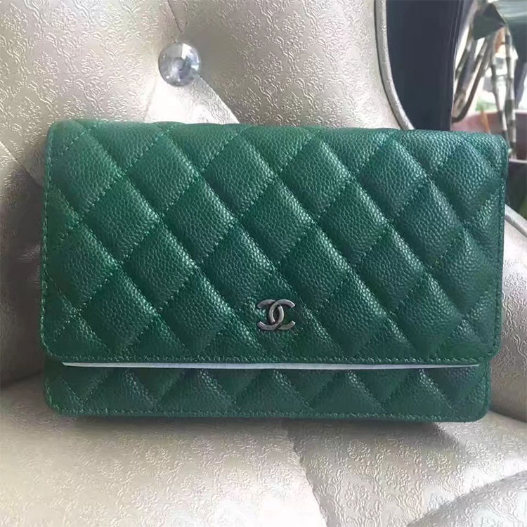 2017 Chanel WOC A33814 Green Original Caviar Leather Mini Flap Bag Silver