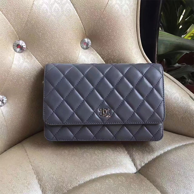 2017 Chanel WOC A33814 Grey Original Lambskin Leather Mini Flap Bag Silver