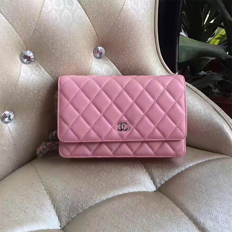 2017 Chanel WOC A33814 Pink Original Lambskin Leather Mini Flap Bag Silver