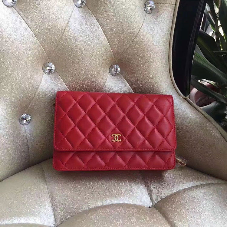 2017 Chanel WOC A33814 Red Original Lambskin Leather Mini Flap Bag Gold