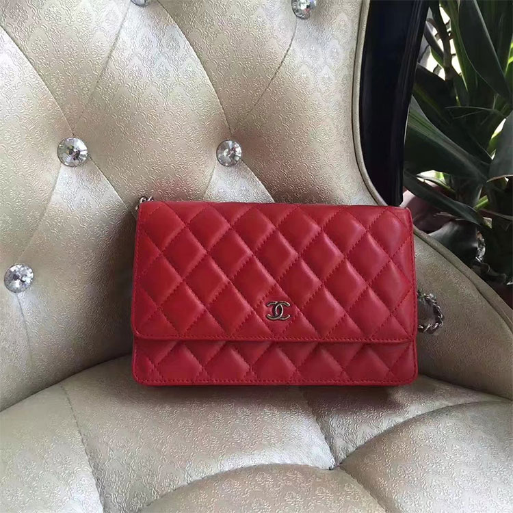 2017 Chanel WOC A33814 Red Original Lambskin Leather Mini Flap Bag Silver