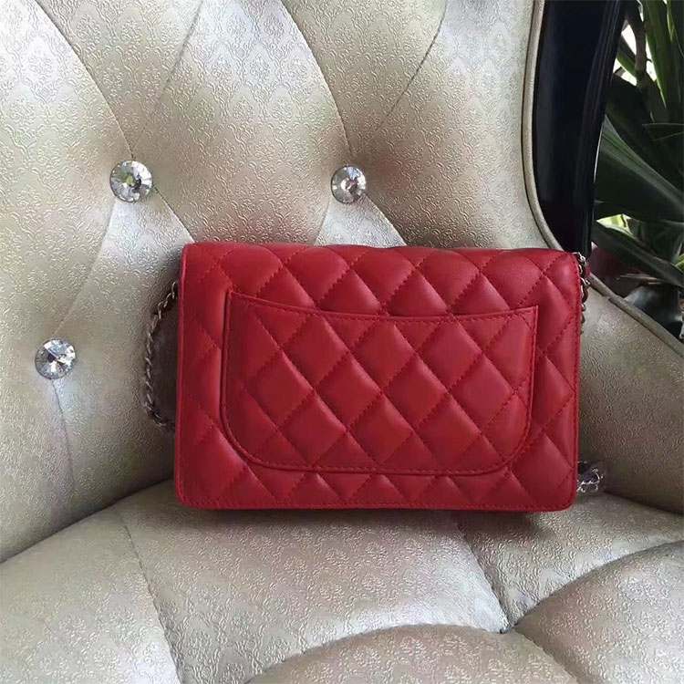 2017 Chanel WOC A33814 Red Original Lambskin Leather Mini Flap Bag Silver