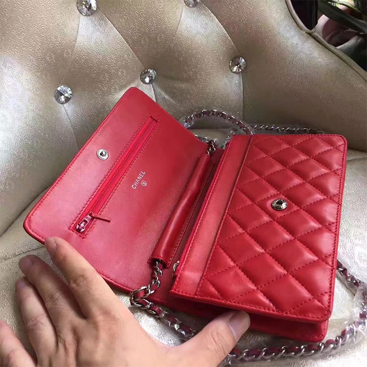 2017 Chanel WOC A33814 Red Original Lambskin Leather Mini Flap Bag Silver