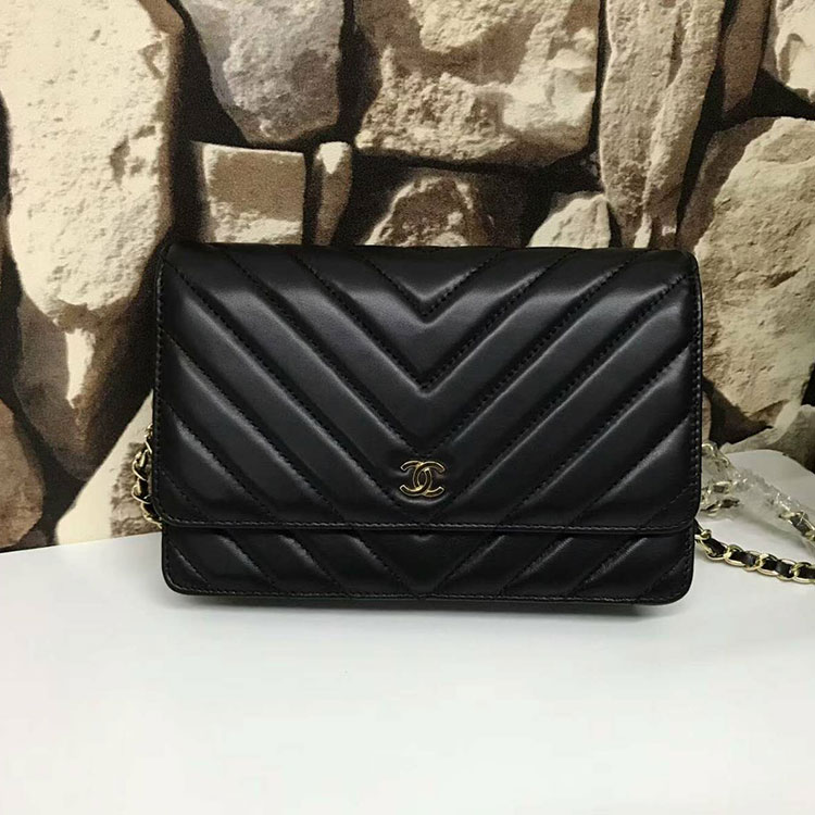 2017 Chanel WOC A33815 Black Original Sheepskin Leather Flap Shoulder Bags Gold