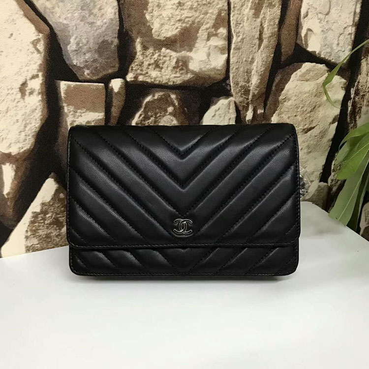 2017 Chanel WOC A33815 Black Original Sheepskin Leather Flap Shoulder Bags Silver