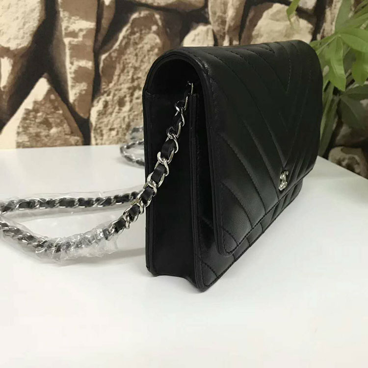 2017 Chanel WOC A33815 Black Original Sheepskin Leather Flap Shoulder Bags Silver