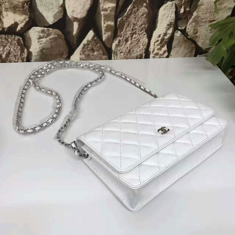 2017 Chanel WOC A33815 White Original Caviar Leather Flap Shoulder Bags Silver