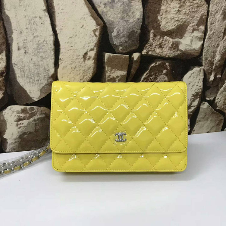 2017 Chanel WOC A33815 Yellow Original Patent Leather Flap Shoulder Bags Silver