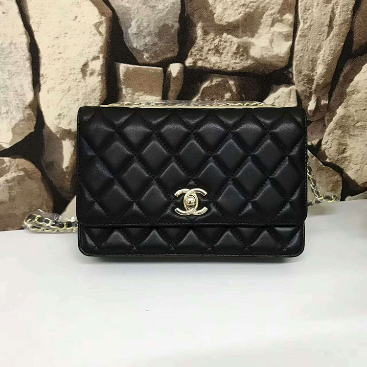 2017 Chanel WOC A80982 Black Original Sheepskin Leather Mini Flap Bag Gold