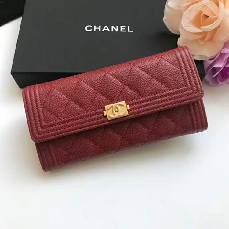 2018 Boy Chanel Embroidery Bi-Fold Wallet Original Caviar Leather