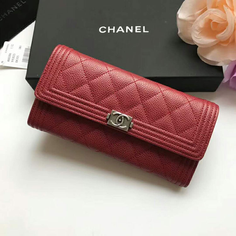 2018 Boy Chanel Embroidery Bi-Fold Wallet Original Caviar Leather