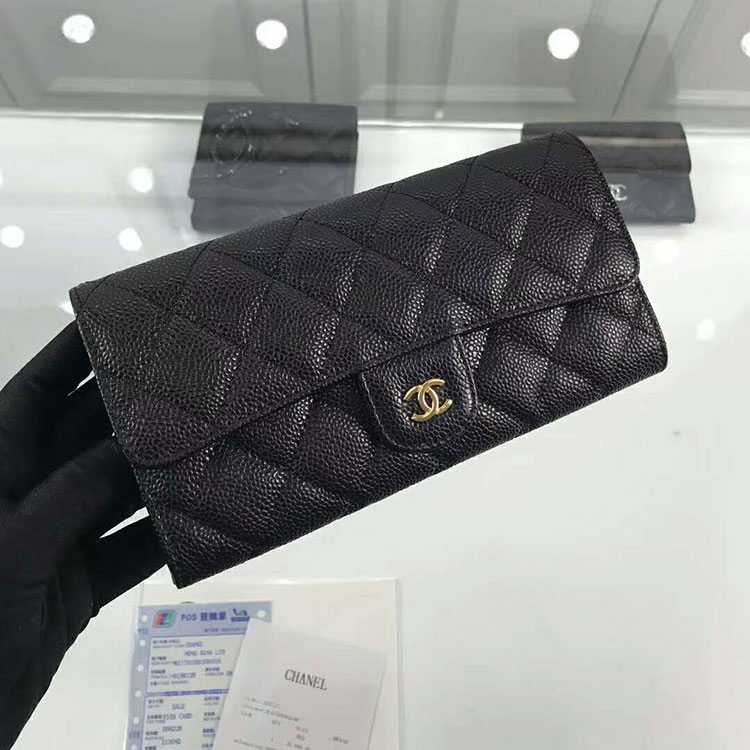 2018 Chanel Matelasse Bi-Fold Wallet Original Calfskin leather A80758 Black