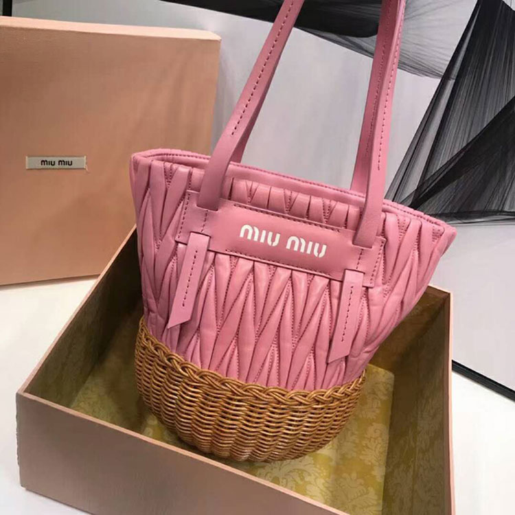 2018 MiuMiu NAPPA LEATHER AND WICKER BUCKET BAG