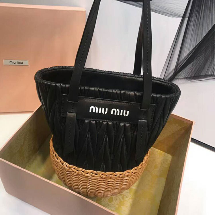 2018 MiuMiu NAPPA LEATHER AND WICKER BUCKET BAG