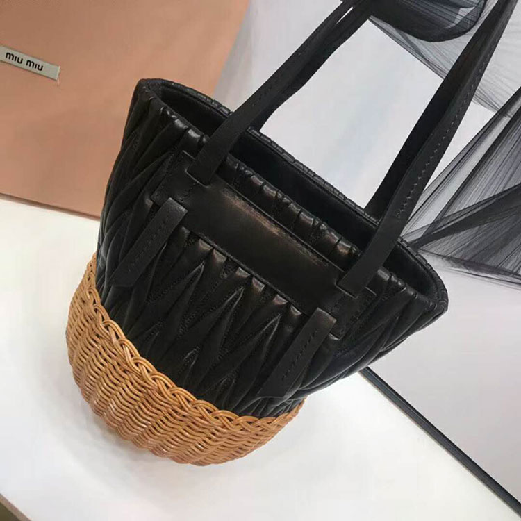 2018 MiuMiu NAPPA LEATHER AND WICKER BUCKET BAG