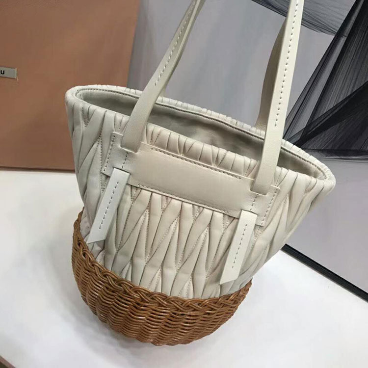 2018 MiuMiu NAPPA LEATHER AND WICKER BUCKET BAG