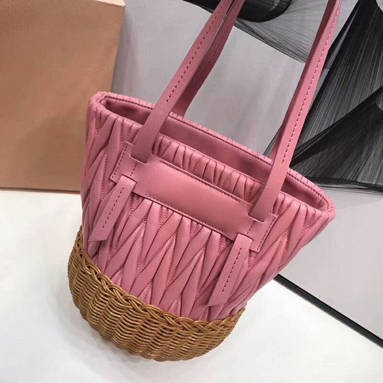 2018 MiuMiu NAPPA LEATHER AND WICKER BUCKET BAG