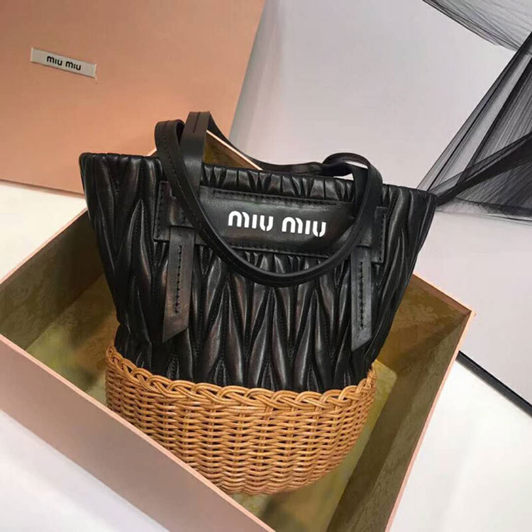 2018 MiuMiu NAPPA LEATHER AND WICKER BUCKET BAG