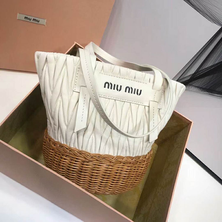 2018 MiuMiu NAPPA LEATHER AND WICKER BUCKET BAG