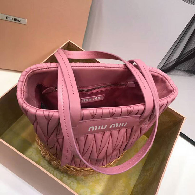 2018 MiuMiu NAPPA LEATHER AND WICKER BUCKET BAG