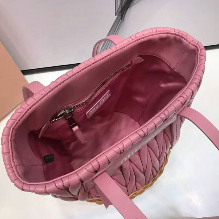 2018 MiuMiu NAPPA LEATHER AND WICKER BUCKET BAG