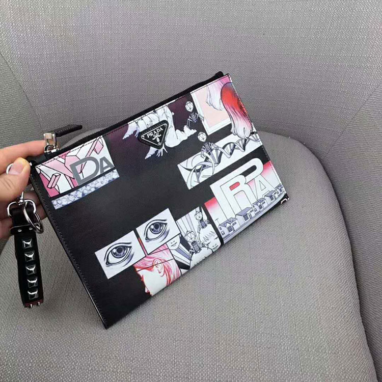 2018 Prada Men printed leather document holder