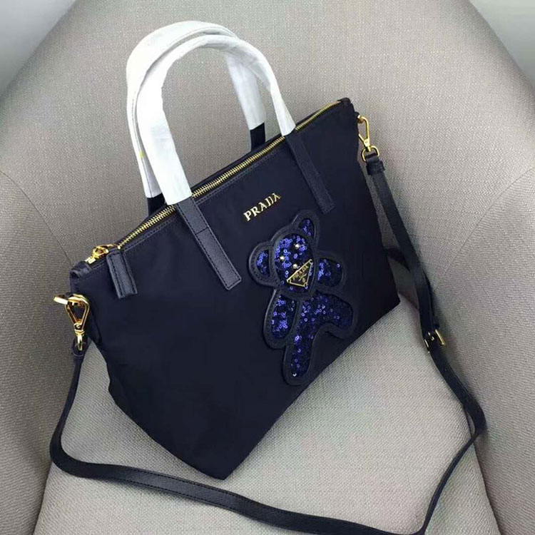 2018 Prada Women Fabric and leather tote