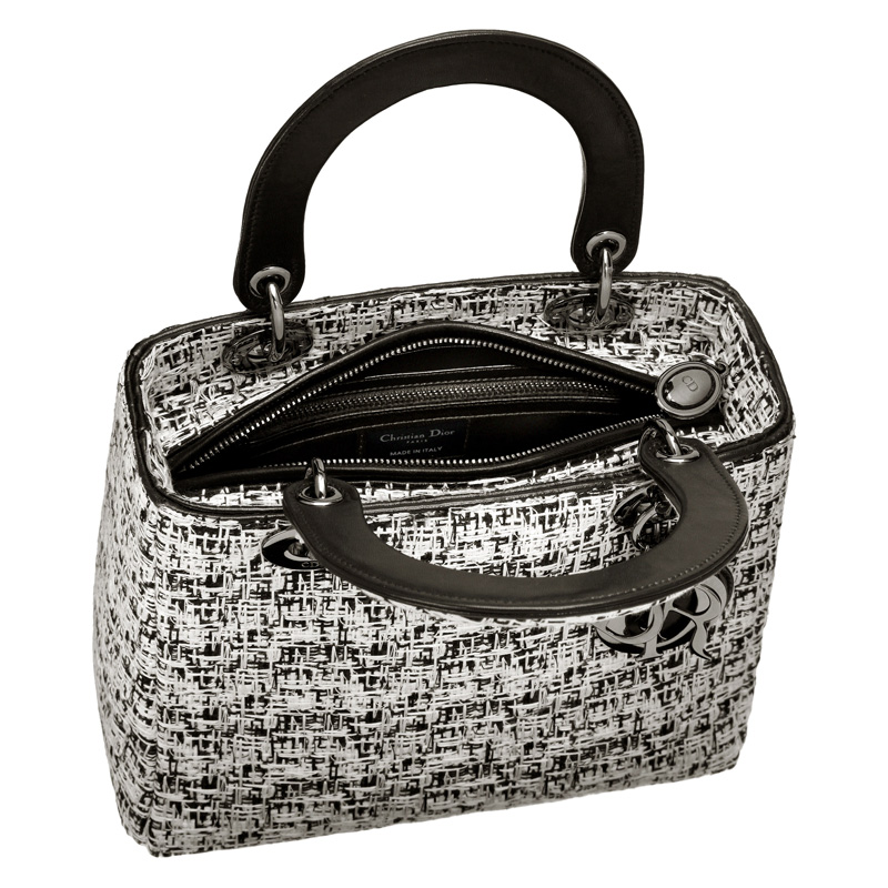 Black and white embroidered leather Lady Dior bag