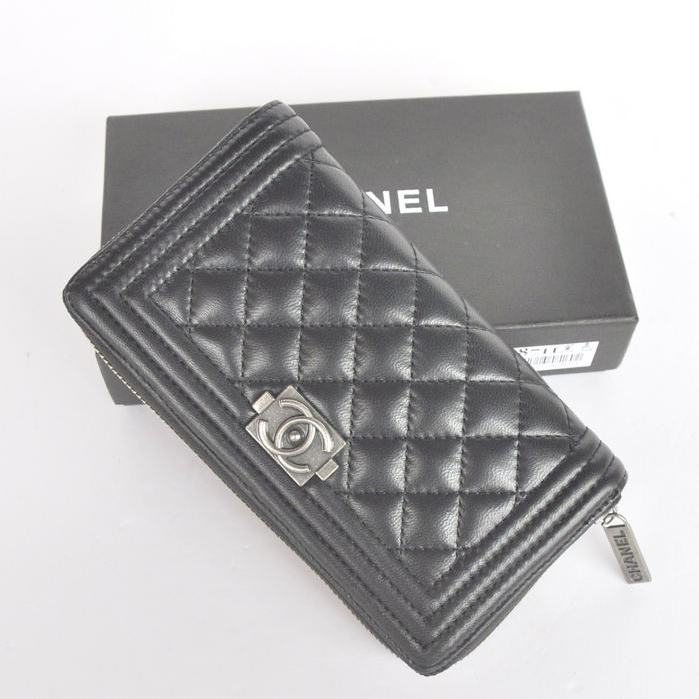 Boy Chanel A88711 Black Matelasse Zip Around Wallet