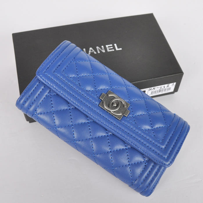 Boy Chanel A88733 Blue Matelasse Long Wallet Silver