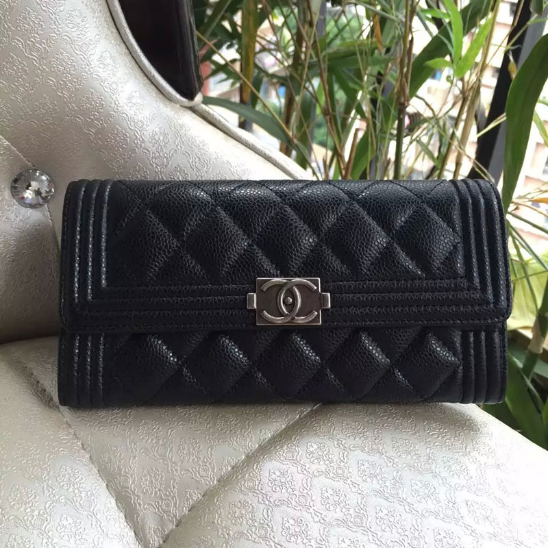 Boy Chanel Embroidery Bi-Fold Wallet Original Caviar Leather A80286 Black