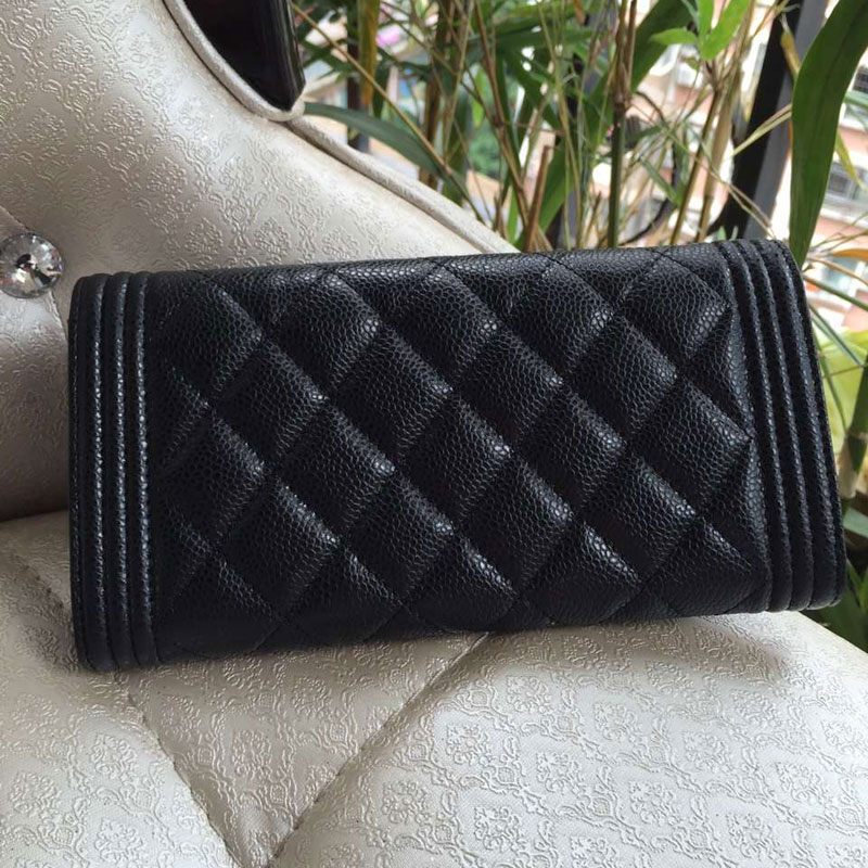 Boy Chanel Embroidery Bi-Fold Wallet Original Caviar Leather A80286 Black