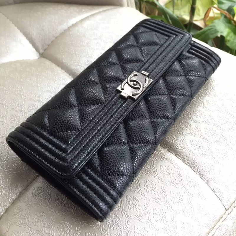 Boy Chanel Embroidery Bi-Fold Wallet Original Caviar Leather A80286 Black