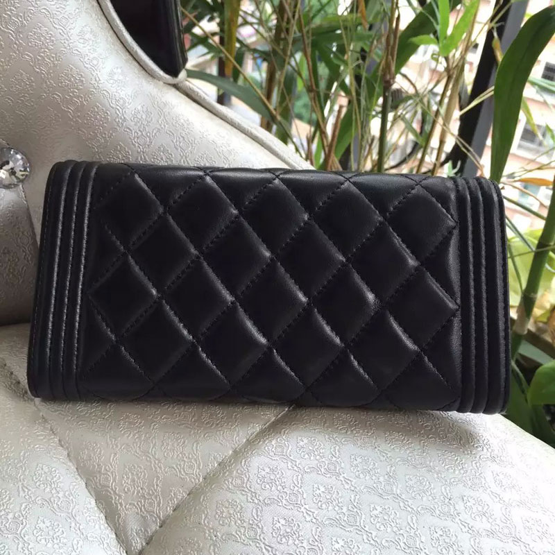 Boy Chanel Embroidery Bi-Fold Wallet Original Sheepskin Leather A80286 Black