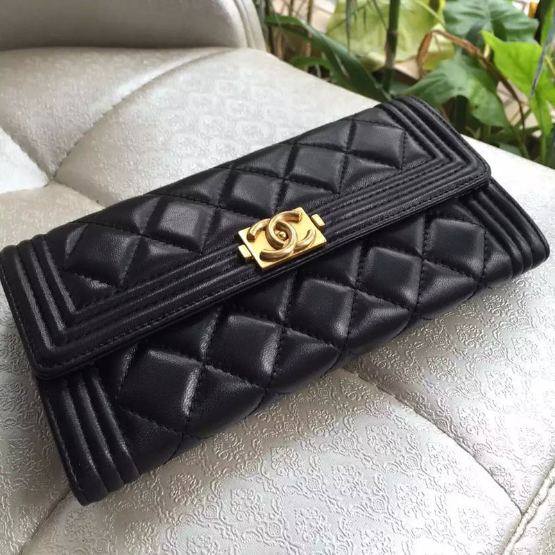 Boy Chanel Embroidery Bi-Fold Wallet Original Sheepskin Leather A80286 Black