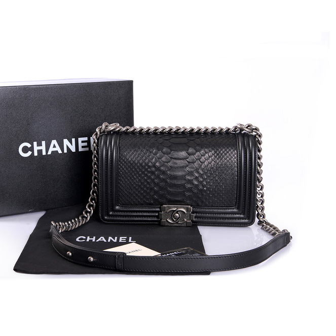 Boy Chanel Flap Shoulder Bag Genuine Python Leather A37003 Black