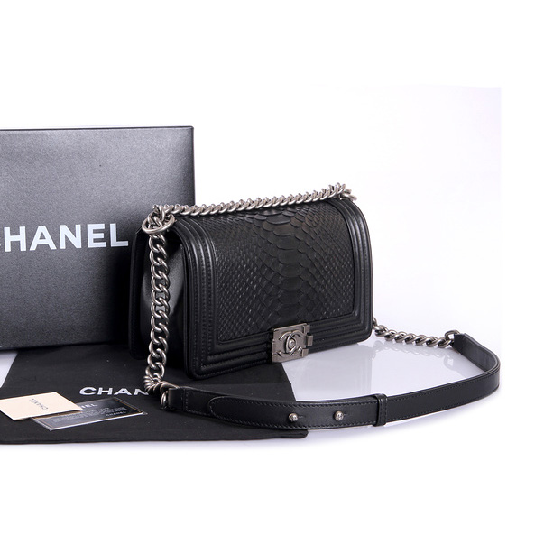 Boy Chanel Flap Shoulder Bag Genuine Python Leather A37003 Black