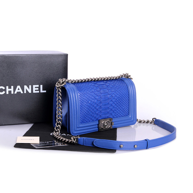 Boy Chanel Flap Shoulder Bag Genuine Python Leather A37003 Blue