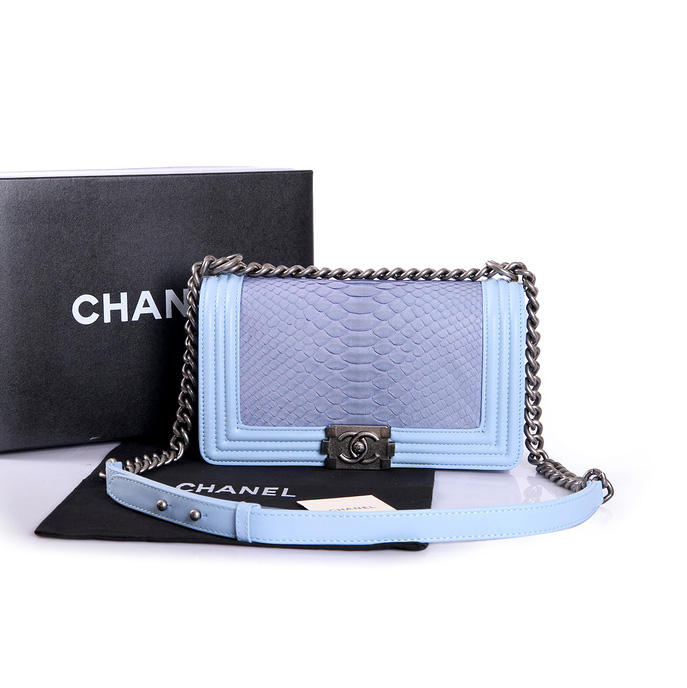 Boy Chanel Flap Shoulder Bag Genuine Python Leather A37003 SkyBlue