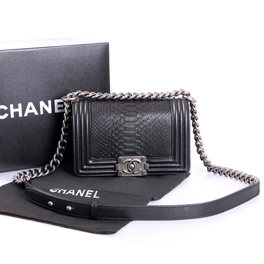 Boy Chanel Flap Shoulder Bag Genuine Python Leather A37006 Black