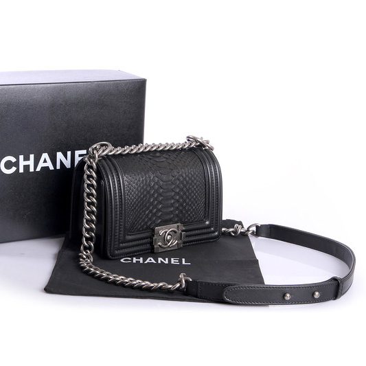 Boy Chanel Flap Shoulder Bag Genuine Python Leather A37006 Black