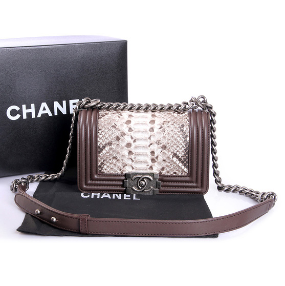 Boy Chanel Flap Shoulder Bag Genuine Python Leather A37006 Brown