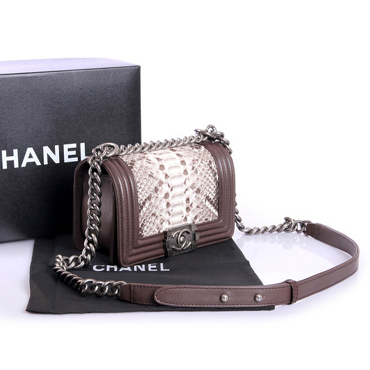 Boy Chanel Flap Shoulder Bag Genuine Python Leather A37006 Brown