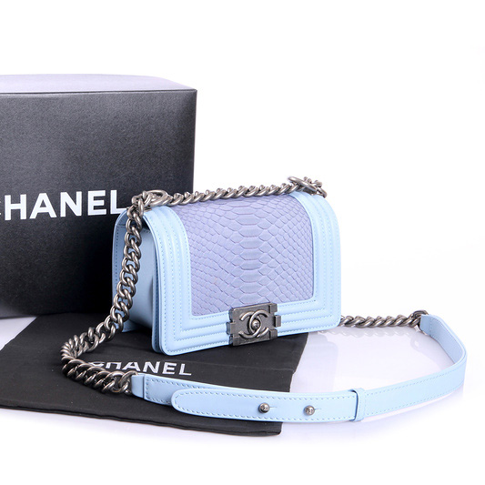 Boy Chanel Flap Shoulder Bag Genuine Python Leather A37006 SkyBlue